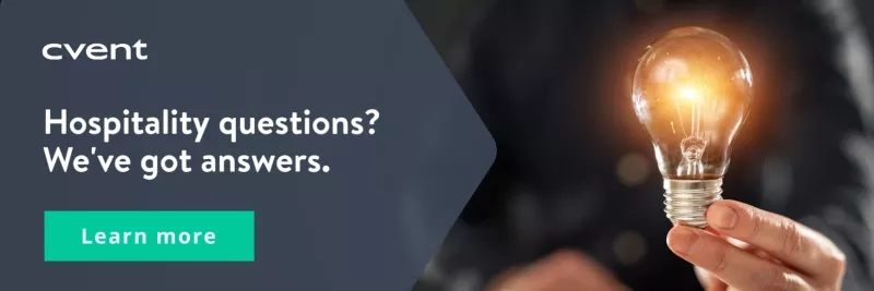 Cvent logo, a hand holding a light bulb, and text that reads, "Hospitality questions? We've got answers."