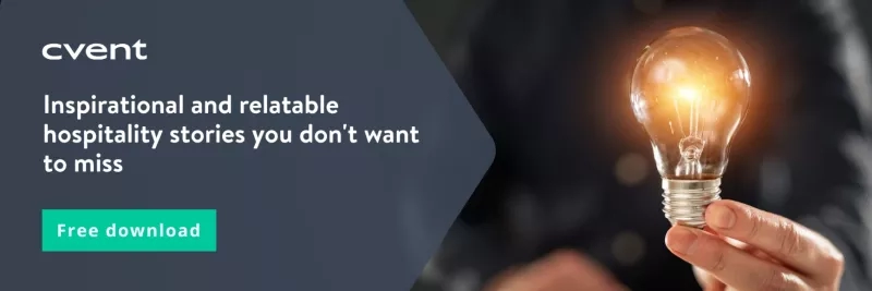 CTA for Cvent's Hospitality industry stories blog with an image of a glowing lightbulb and text.