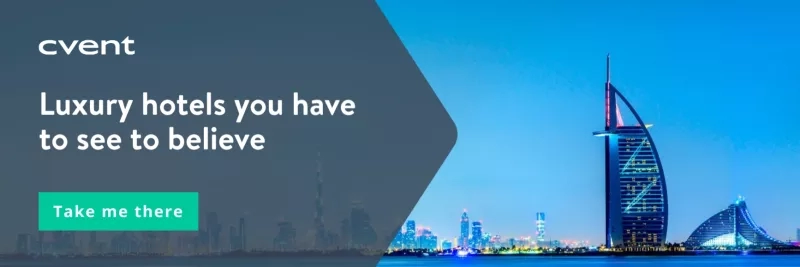 A picture of the Burj Khalifa with the text "Luxury hotels you have to see to believe".