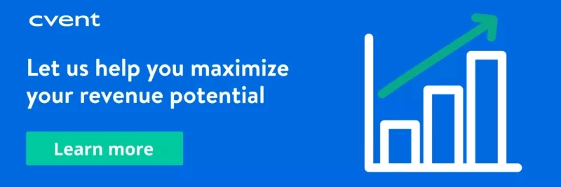 Cvent banner for revenue management with an upward arrow and text "Let us help you maximize your revenue potential"