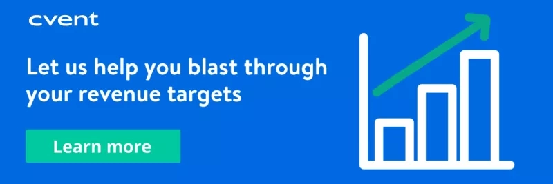 Event management banner with a graph and text to blast through your revenue targets.