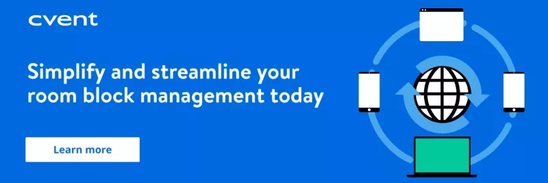 Simplify and streamline your room block management today with Cvent's banner featuring a globe, cell phones, and a laptop.