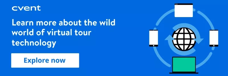 Virtual tour technology, globe, mobile phone, and laptop on a blue background.