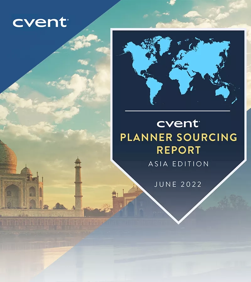 Planner Sourcing Report: Asia Edition June 2022 by Cvent with a view of the Taj Mahal.