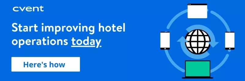 Hotel operations improvement infographic with a globe, mobile phones, and a laptop on a blue background.