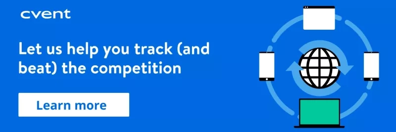 Cvent banner with globe and cell phones, text reads "Let us help you track (and beat) the competition."