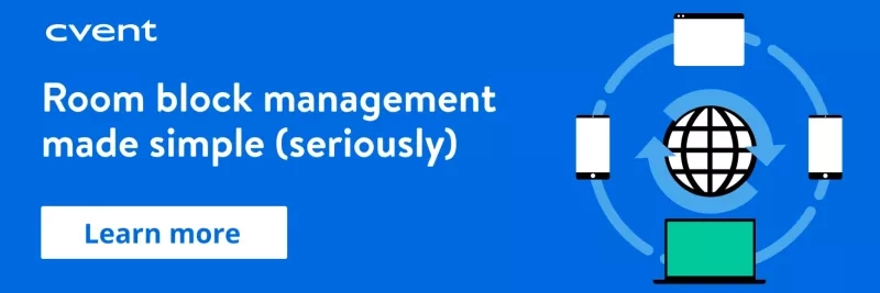 Room block management CTA with globe and cell phones around it and text "cvent Room block management made simple (seriously)"