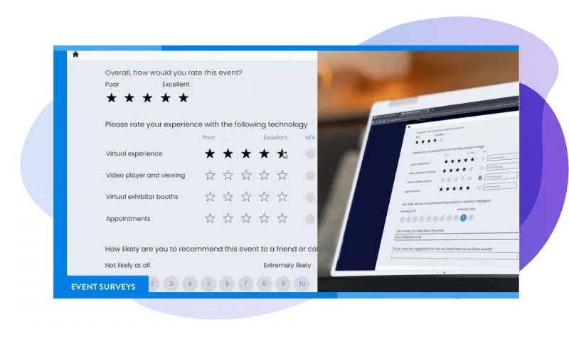 Survey screenshot for a virtual event showing ratings for different aspects and likelihood of recommendation.