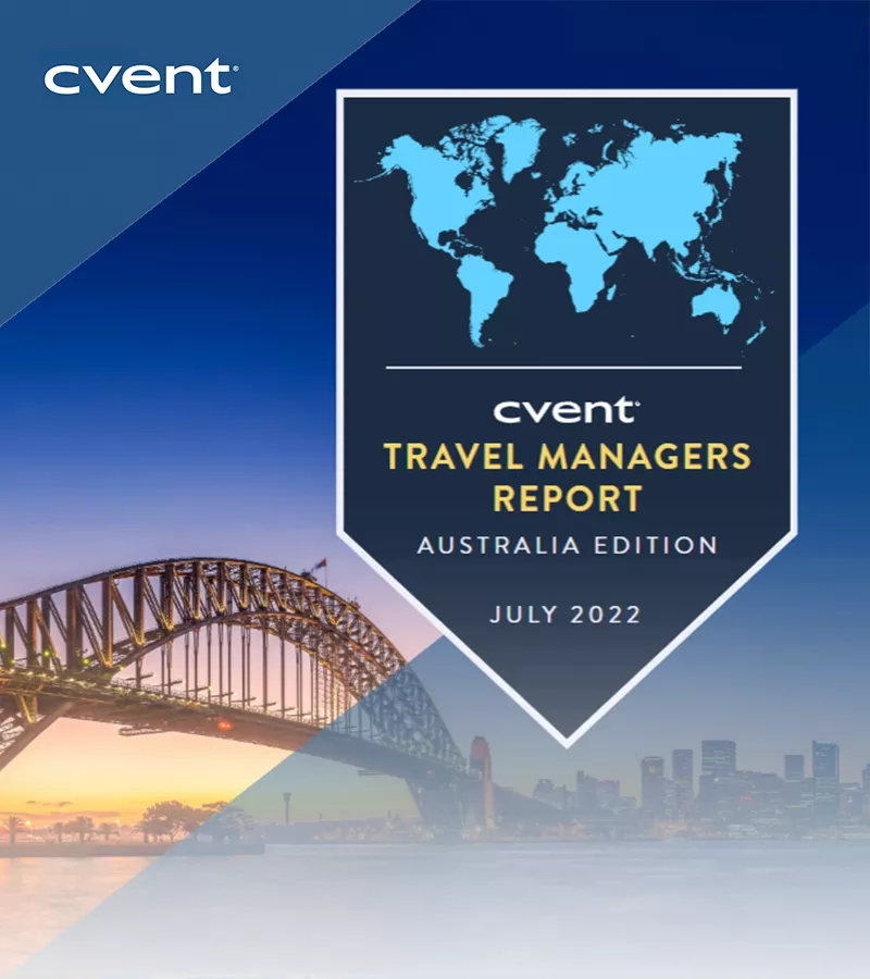 Cover of the Australia Travel Managers Report, featuring the Sydney Harbour Bridge at sunset and the city skyline.