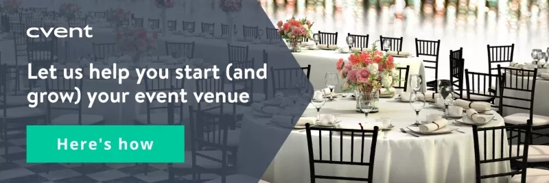 A well-furnished banquet hall with the text "Let us help you start (and grow) your event venue."