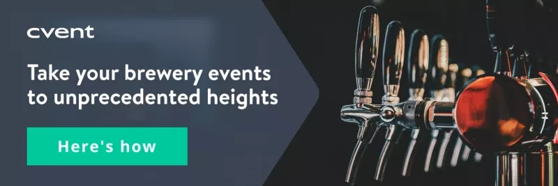 A visual showing taps at a brewery with text reading "Take your brewery events to unprecedented heights."