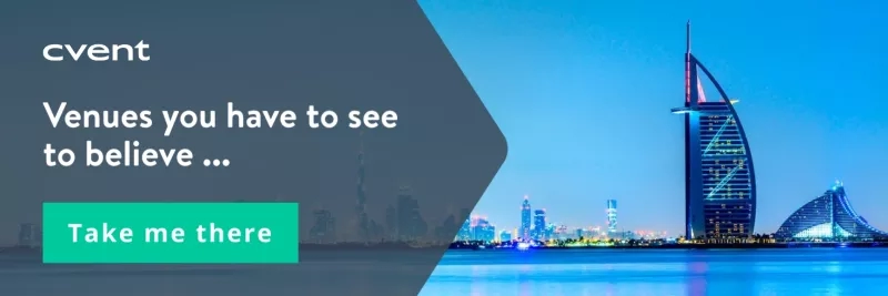 Burj Khalifa and other tall buildings in Dubai skyline with text 'Venues you have to see to believe...'