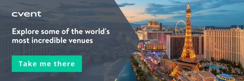 Cvent logo and text on the left, Las Vegas skyline on the right, and copy in the middle.