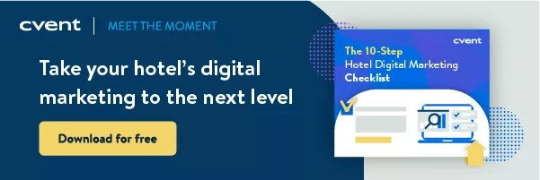 The 10-Step Hotel Digital Marketing Checklist download page with a laptop, magnifying glass, and check mark.