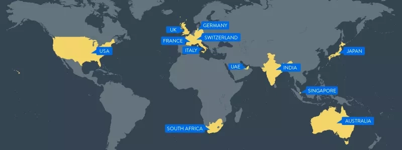 Map of the world with Edvour offices marked in yellow and blue.