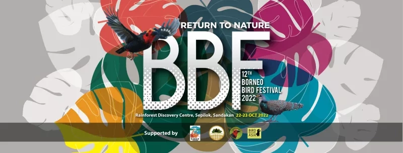 An advertisement poster for the Borneo Bird Festival 2022 with birds and a rainforest background.