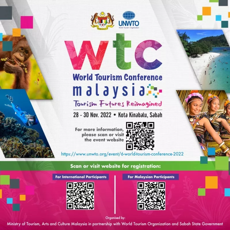 Poster advertising the World Tourism Conference Malaysia, with various logos and QR codes for registration.