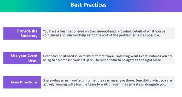 A graphic that shows three best practices for working with a virtual event team.