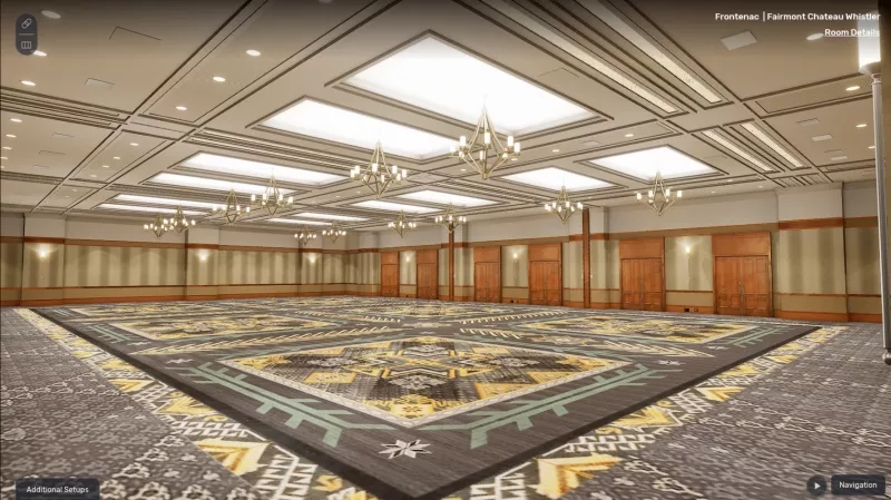 Fairmont Chateau Whistler's Frontenac Ballroom offers a grand, carpeted space with chandeliers and large wooden doors.