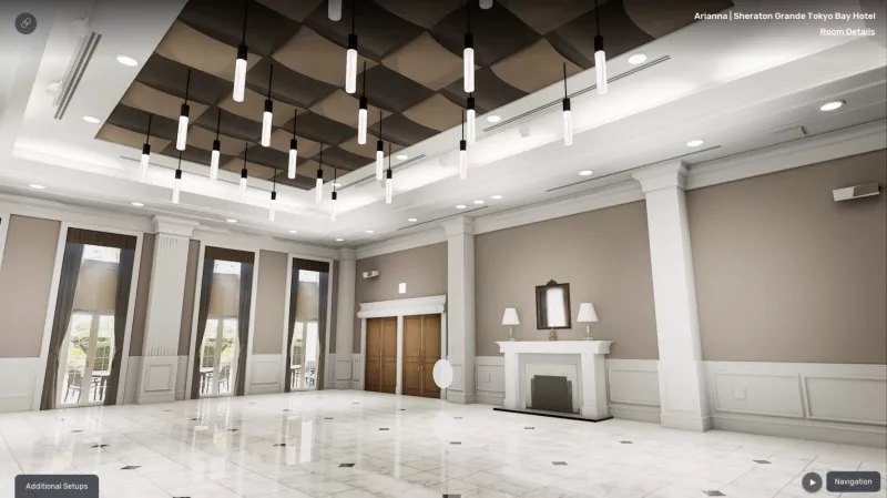 3D rendering of the Arianna room at the Sheraton Grande Tokyo Bay Hotel.