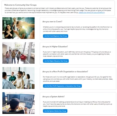 A screenshot of the Community User Groups page showing several user groups to join.