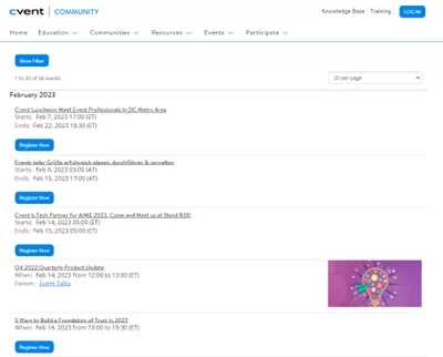 Screenshot of the events page on the cvent community website showing a list of events.