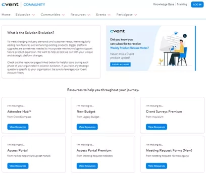 A screenshot of the Cvent community page showing the resources available to help users throughout their journey.