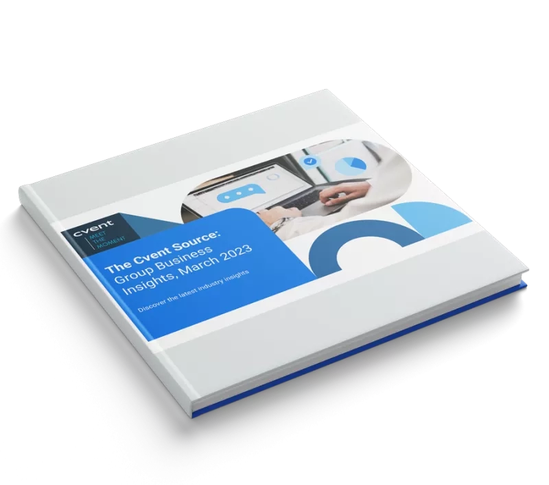 A photo of the Cvent Source Group Business Insights, March 2023 on a black background.