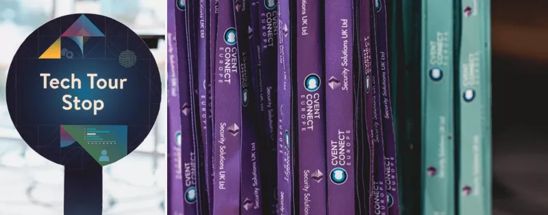 A Tech Tour Stop sign with purple folders and folders that say "Connect Europe" next to it.