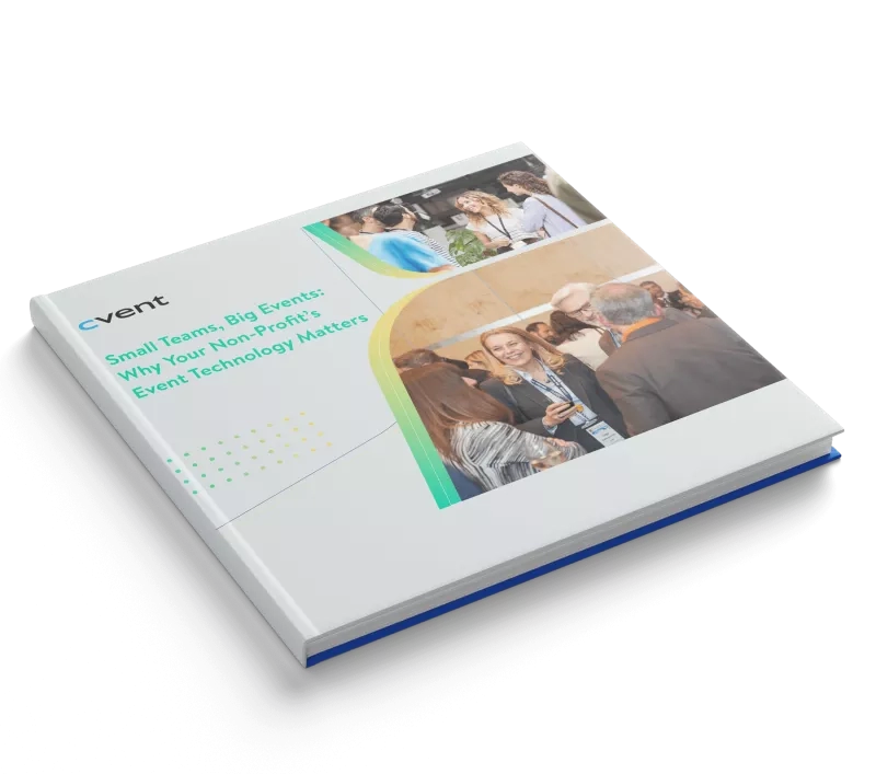 A book with the title "Small Teams, Big Events: Why Your Non-Profit's Event Technology Matters."