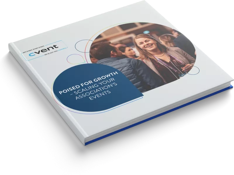 A book cover titled "poised for growth: scaling your association's events" with an image of a smiling woman.
