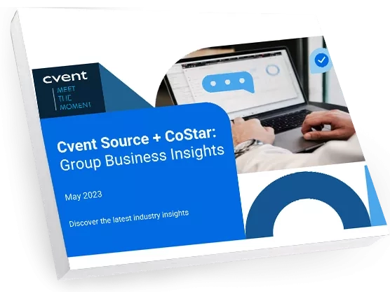 Cvent Source + CoStar: Group Business Insights, May 2023, a digital flyer with a laptop on it.
