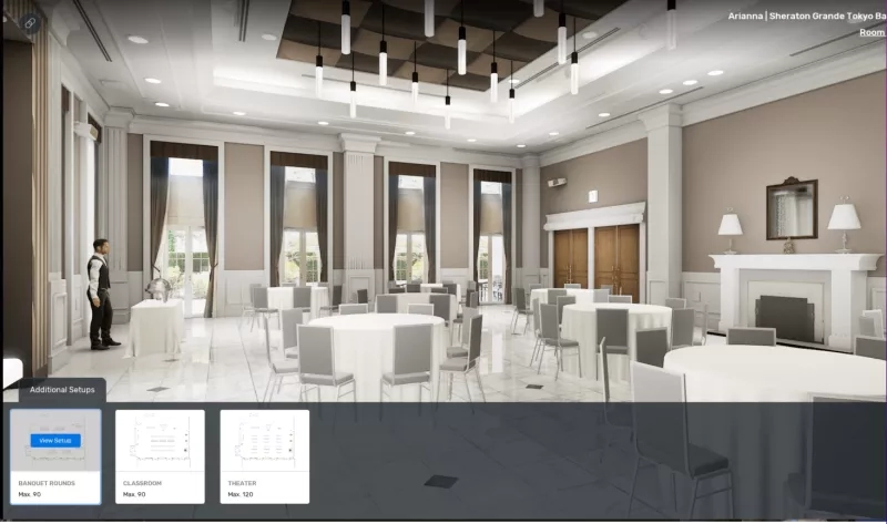 3D rendering of the Arianna ballroom at Sheraton Grande Tokyo Bay Hotel with a man standing inside.