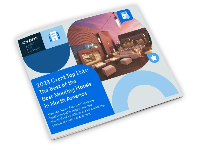 Mockup of Cvent's 2023 ebook about the best meeting hotels in North America, with a purple cover.
