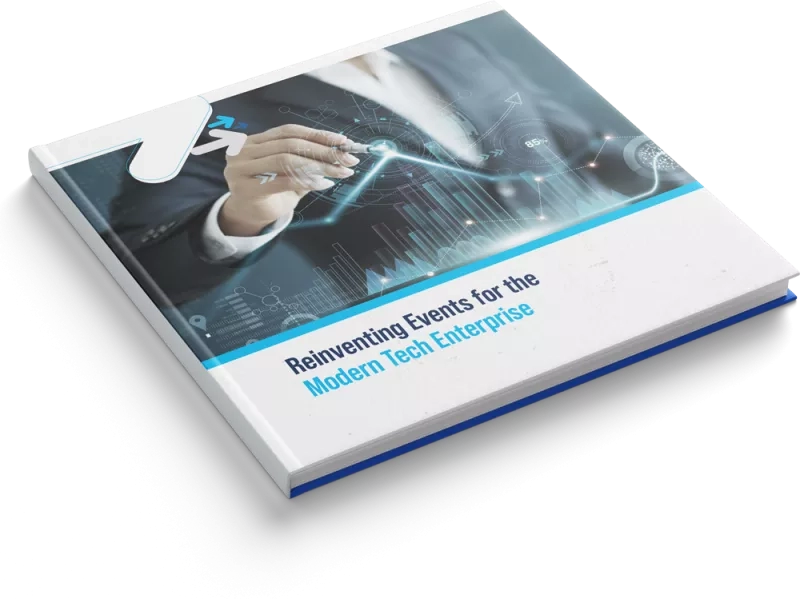 Cover page of the book "Reinventing Events for the Modern Tech Enterprise" with a man in suit.