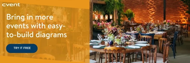 An advertisement for Cvent.com that shows a dining hall and a call to action.