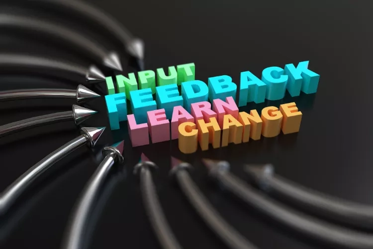 3D image of Input, Feedback, Learn, and Change with arrows pointing at the words on a black background.