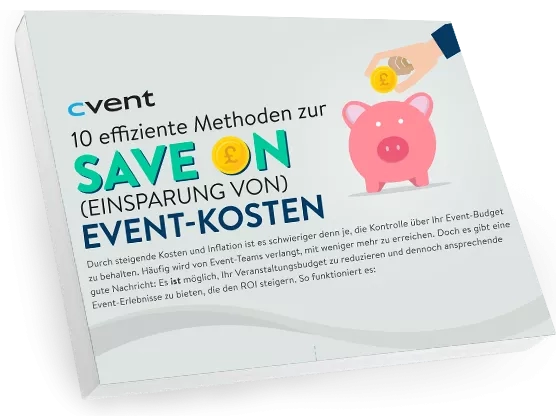 Cover of a book named "10 efficient methods to save money on event costs" with a piggy bank illustration.