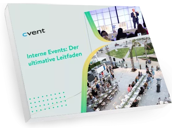 A book cover titled "Interne Events: Der ultimative Leitfaden" with an image of people in an event space.