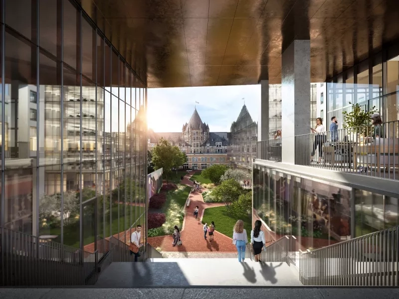 A rendering of the exterior of the UofT Mississauga Residence with a park-like atmosphere.