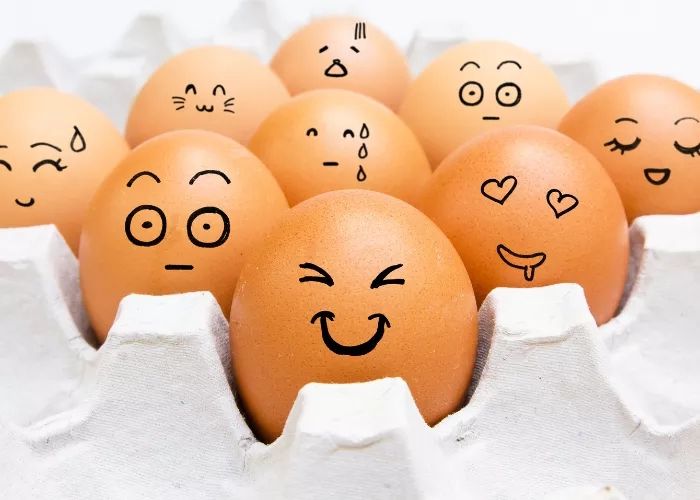 Brown eggs in white egg tray with drawn faces on them showing different emotions such as happy and sad.