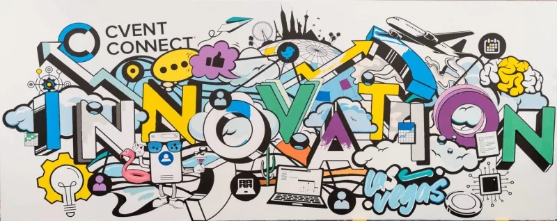 A mural of Cvent Connect Innovation with various icons and text in different colors and sizes.
