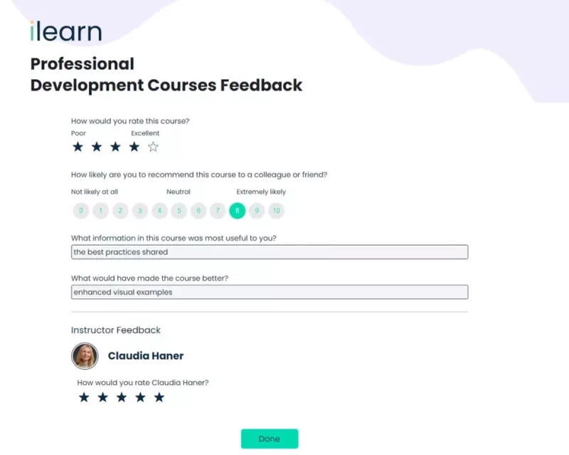 An example of a professional development course feedback form with a rating system.