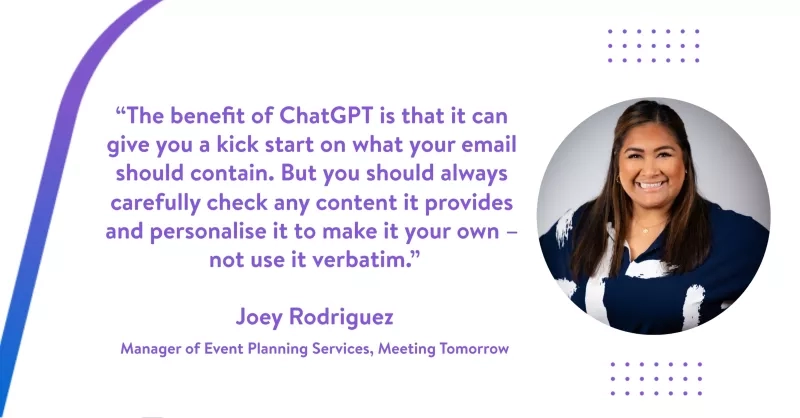 Joey Rodriguez quote about the benefits of Chat GPT on the Meeting Tomorrow website.