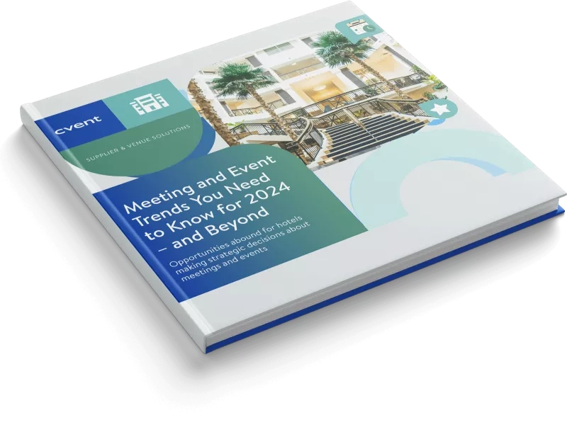 The cover of a book on meeting and event trends, featuring an architectural design and a garden.