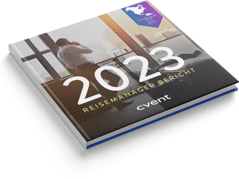 2023 Reismanager Bericht by Cvent with a man on a balcony.