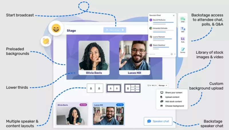A screenshot of the Cvent webinar platform displaying the speaker chat, multiple speaker layouts, and a library of stock images.