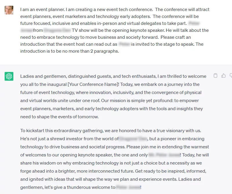 An event planner is creating a new event tech conference with an opening keynote speaker.