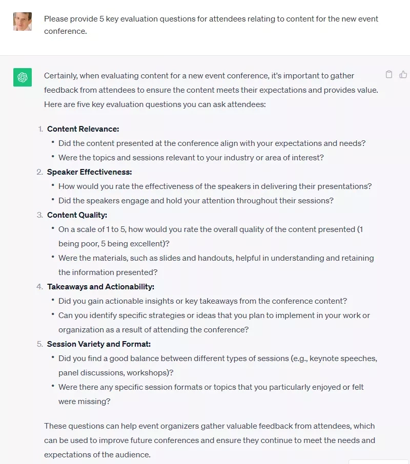 An image of a document with five key evaluation questions for attendees of a new event conference.