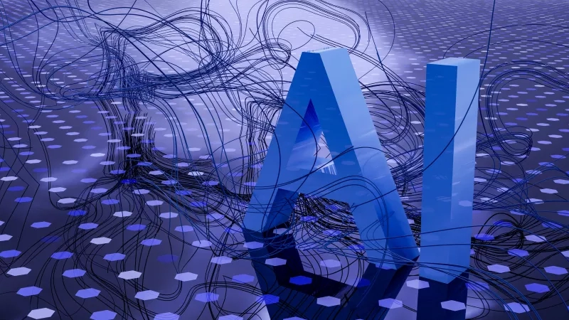 The blue AI letters are in the center of a blue background with black lines and blue hexagons.